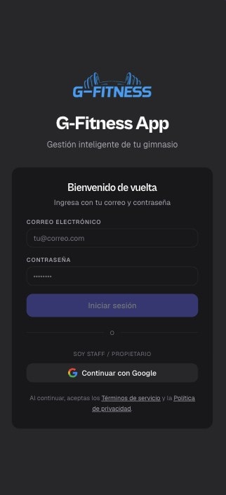 Pantalla de acceso de G-Fitness App, plataforma de gestión de gimnasios