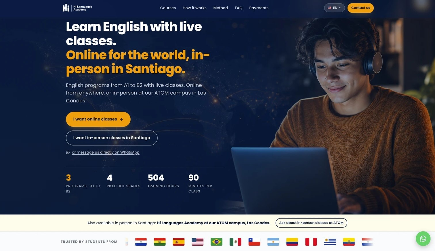 Captura del sitio de Hi Languages Academy, portada