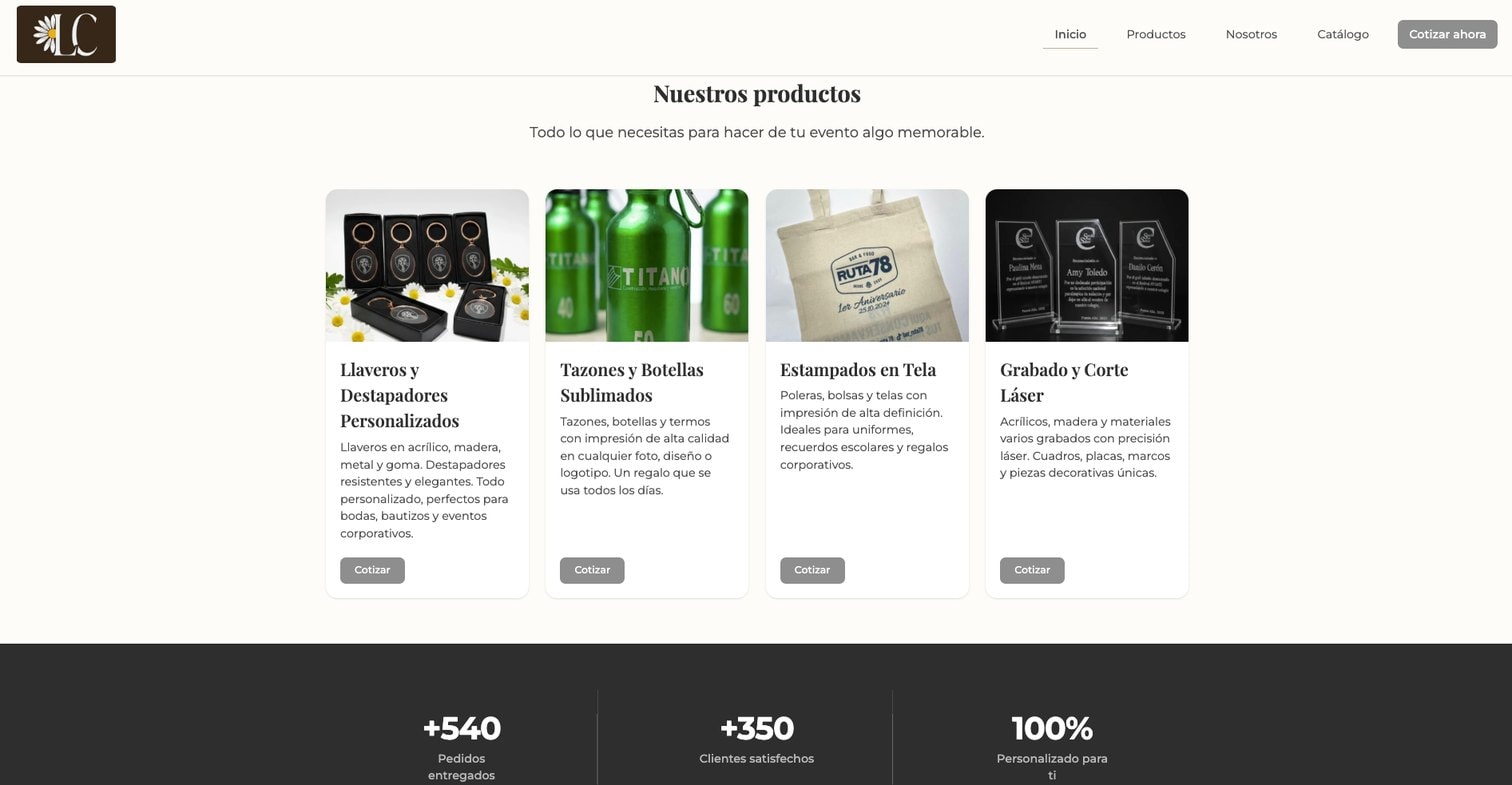 Captura del sitio de Creaciones Leita, sección de productos